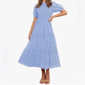 Zesica Puff Sleeve Smocked High Waist Ruffle Tiered A Line Light Blue Midi Dress
